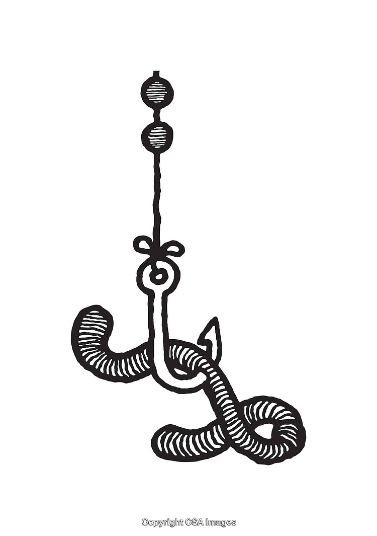 Black And White Illustration of a Fishing Hook With Baited Worm