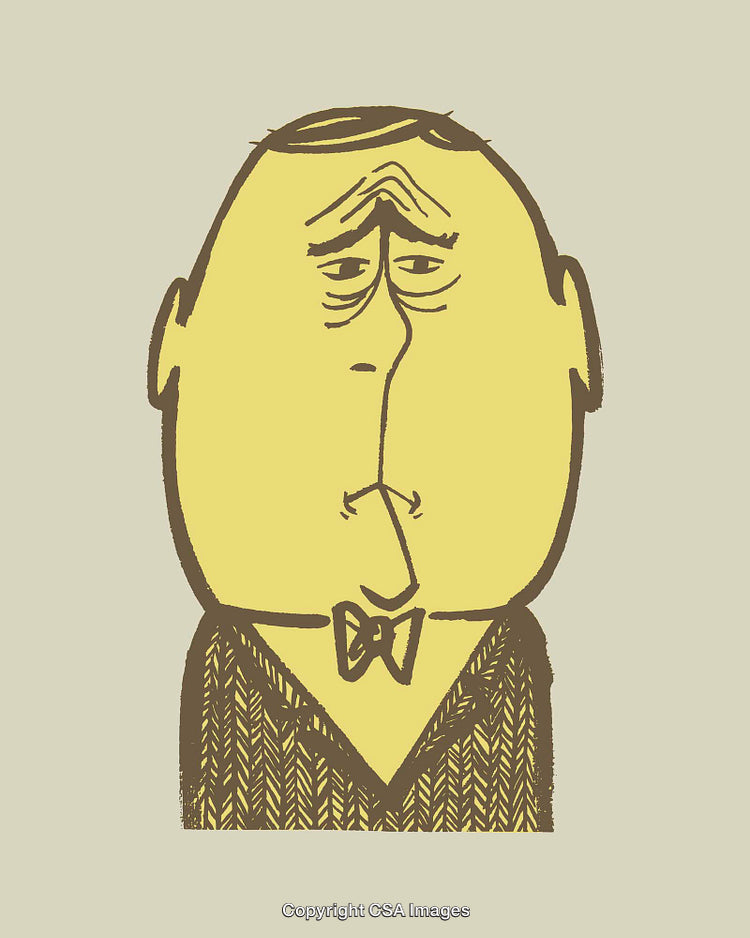 Depicted Sad Facial Expression in Cartoon Drawing with Bow Tie