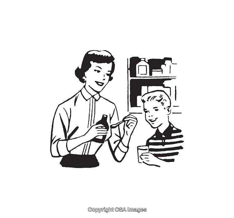 Vintage Black and White Illustration of Caring Mother and Child Interaction