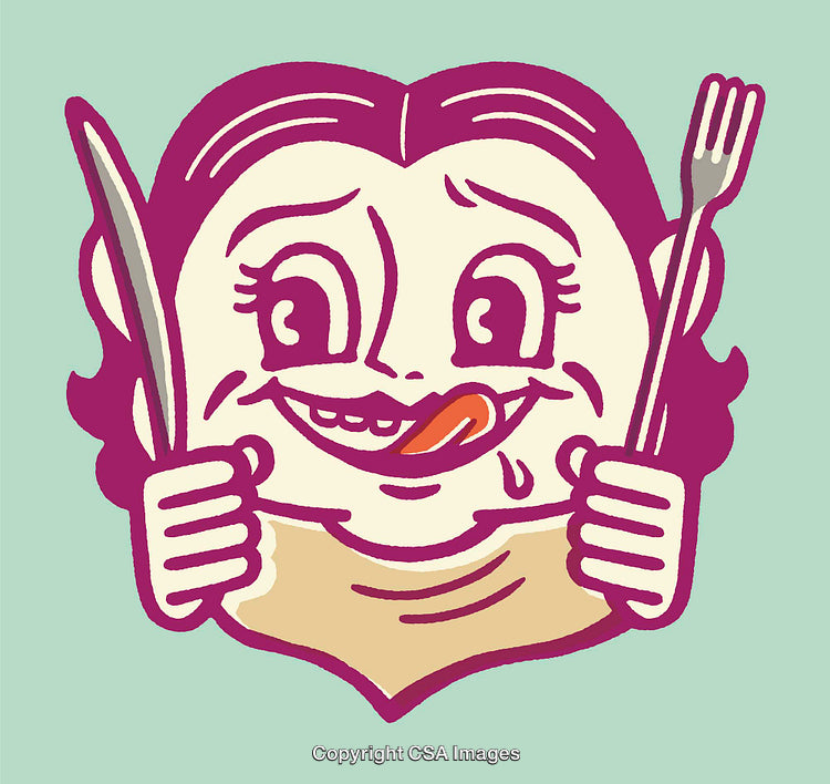 Colorful Illustration of Hungry Character Holding Fork and Knife