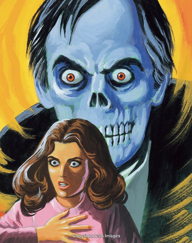Frightened Woman Confronted by Skull-Faced Figure in Dramatic Scene