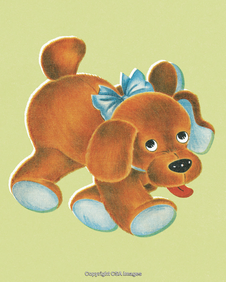 Cute Brown Puppy Illustration with Blue Bow on Green Background