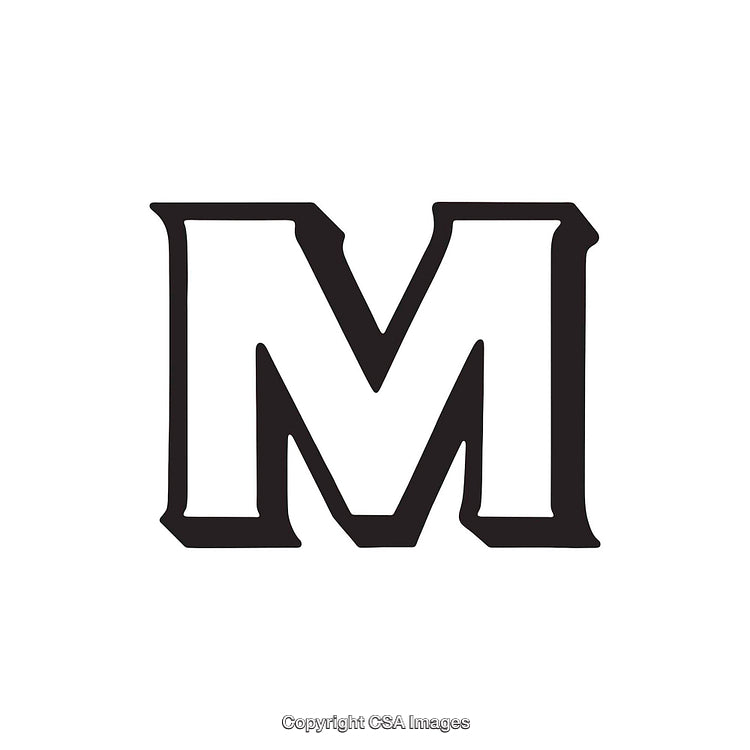Bold Black Letter M in Classic Typeface on White Background