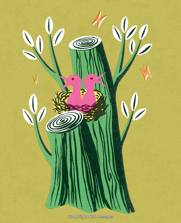 Illustration of Two Birds in Nest within Tree Stump on Green Background