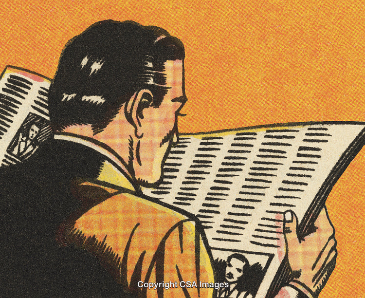 Retro Comic Illustration of Man Reading Newspaper Against Orange Backdrop