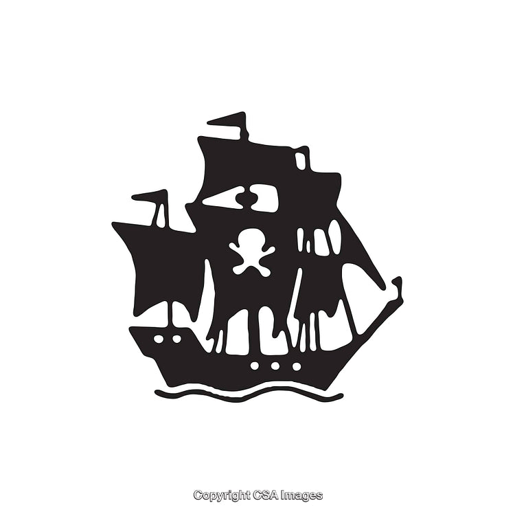 Black and White Illustration of a Pirate Ship with Skull Design