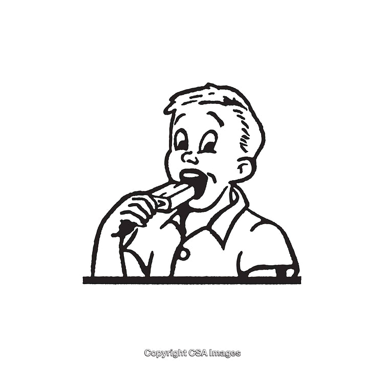 Black and White Illustration of a Boy Eating a Popsicle