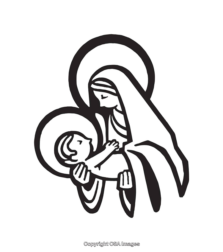 Black And White Line Art of Mother Holding A Child Close