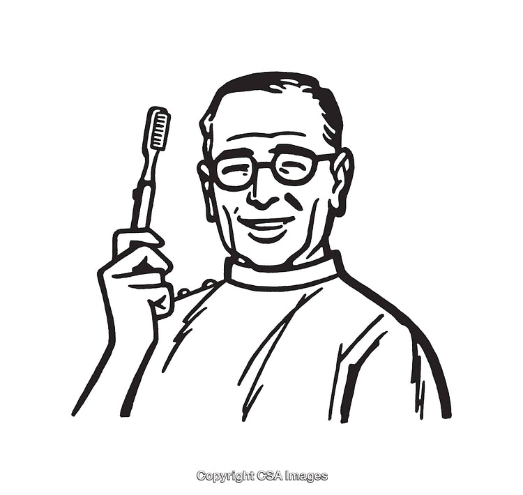 Vintage Black and White Illustration of a Smiling Man Holding a Toothbrush