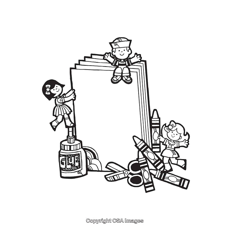 Black and White Line Art Illustrating Children and Art Supplies