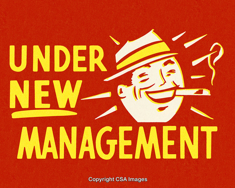 Retro Illustration with 'Under New Management' Text and Cheerful Character
