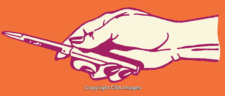 Colorful Line Art of a Hand Holding a Pen Against Orange Background