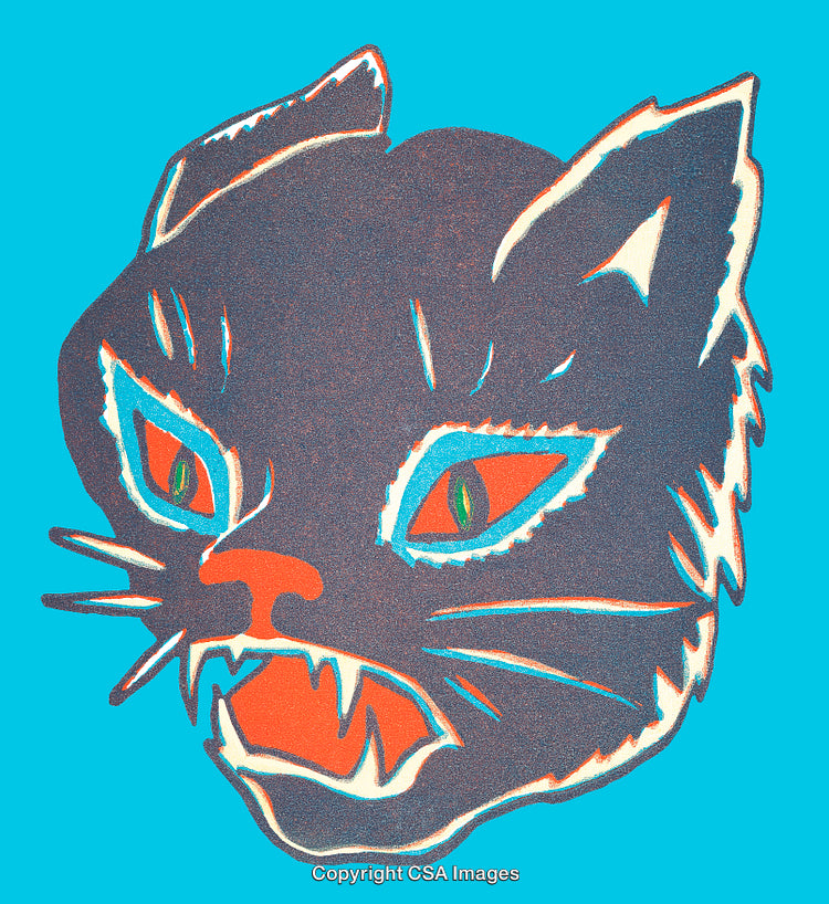 Retro Style Illustration of a Fierce Cat Head on Blue Background