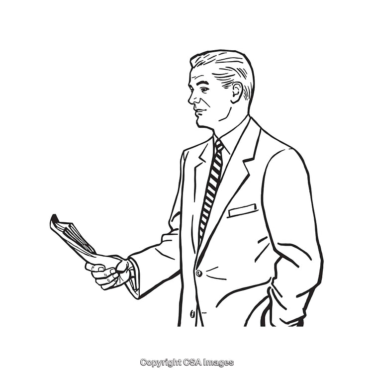 Retro Style Black and White Line Drawing of a Businessman Reading