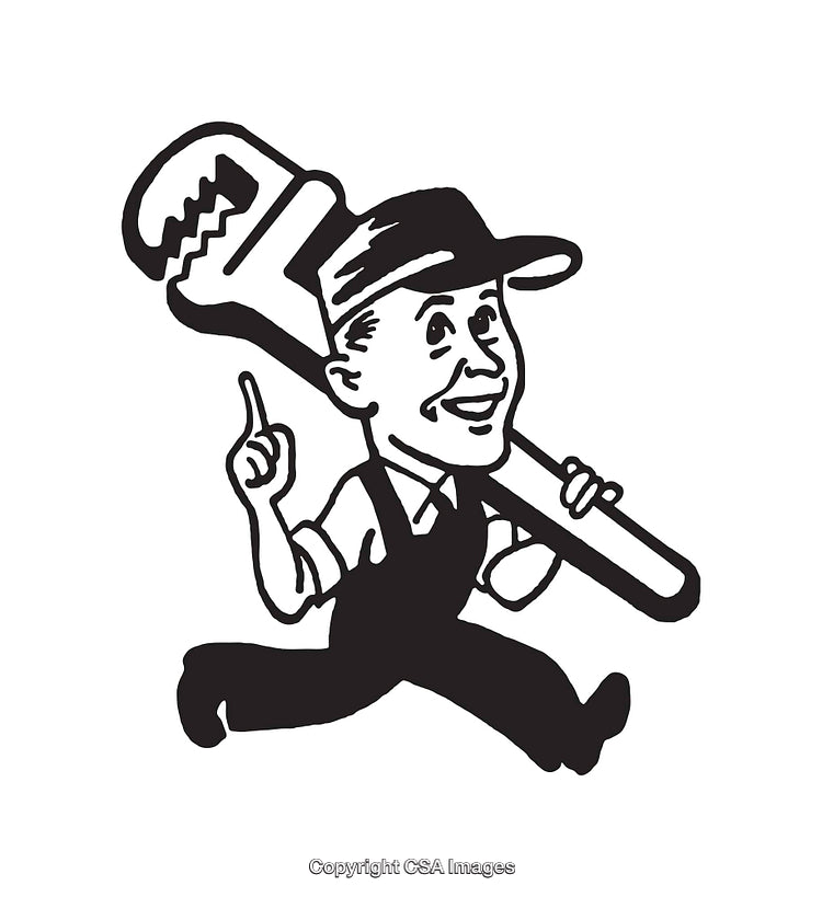 Retro Black And White Line Art Plumber Logo Holding Wrench