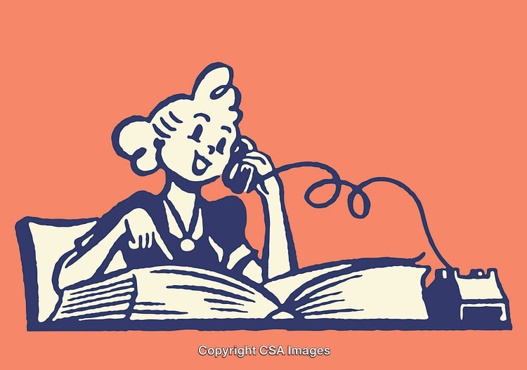 Vintage Illustration of a Woman Talking on a Telephone and Reading a Book