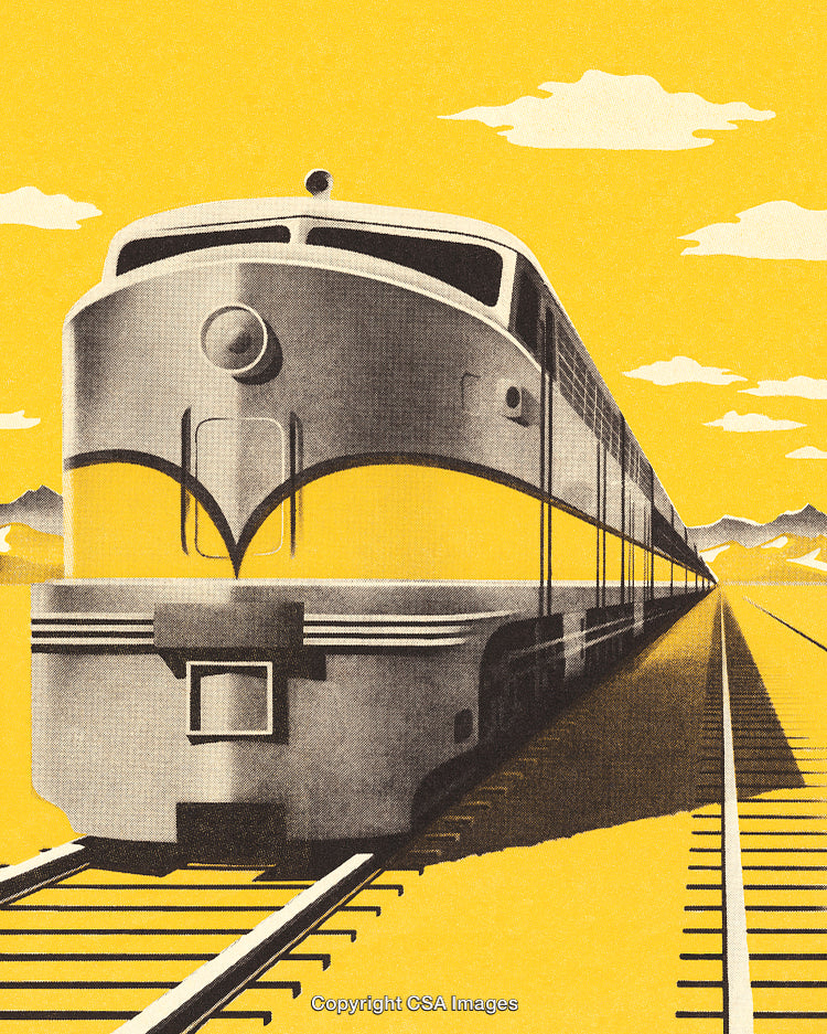 Vintage Illustration of a Train on Tracks with a Yellow Background
