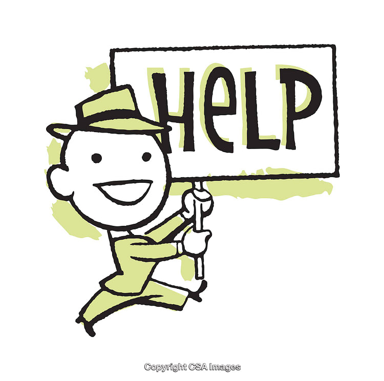 Cartoon Character Holding Help Sign in Snappy Illustration Design