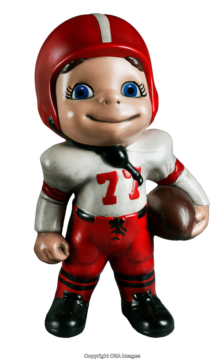 Vintage Football Player Figurine Wearing Red Uniform Holding Football