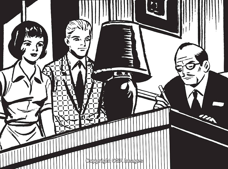 Vintage Artwork Depicting Professionals in Office Environment from Retro Era