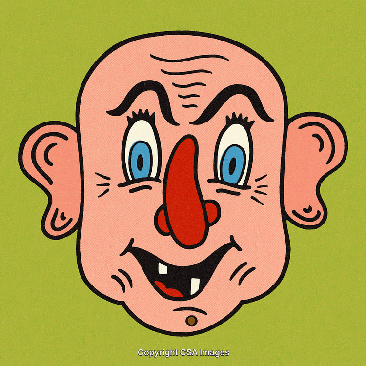 Whimsical Cartoon Face Design With Exaggerated Features on Green Background