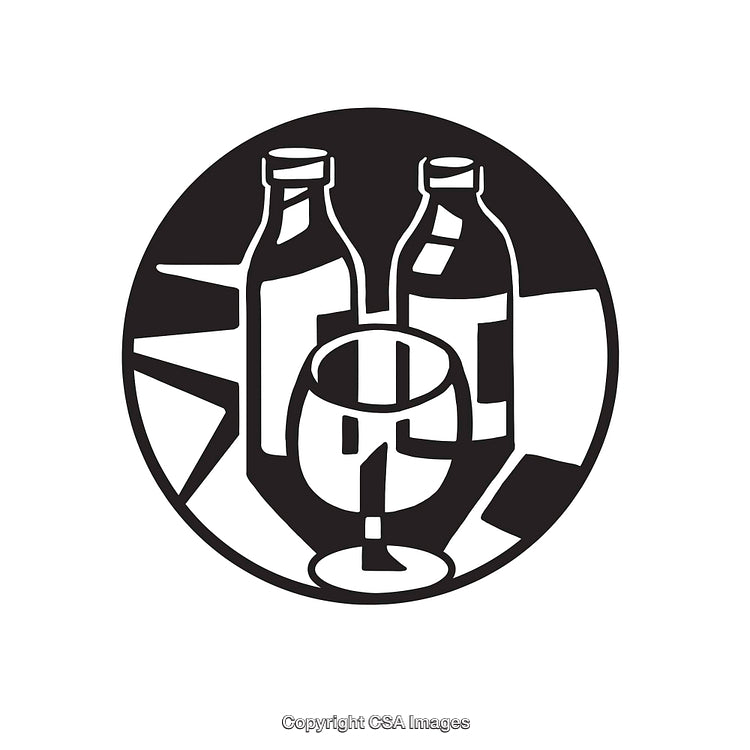 Black and White Line Art Illustration of Bottles and Glass Details
