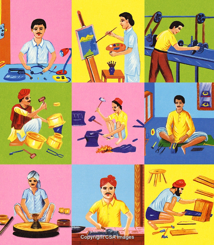 Illustration Showcasing Various Traditional Craftsmanship and Professions