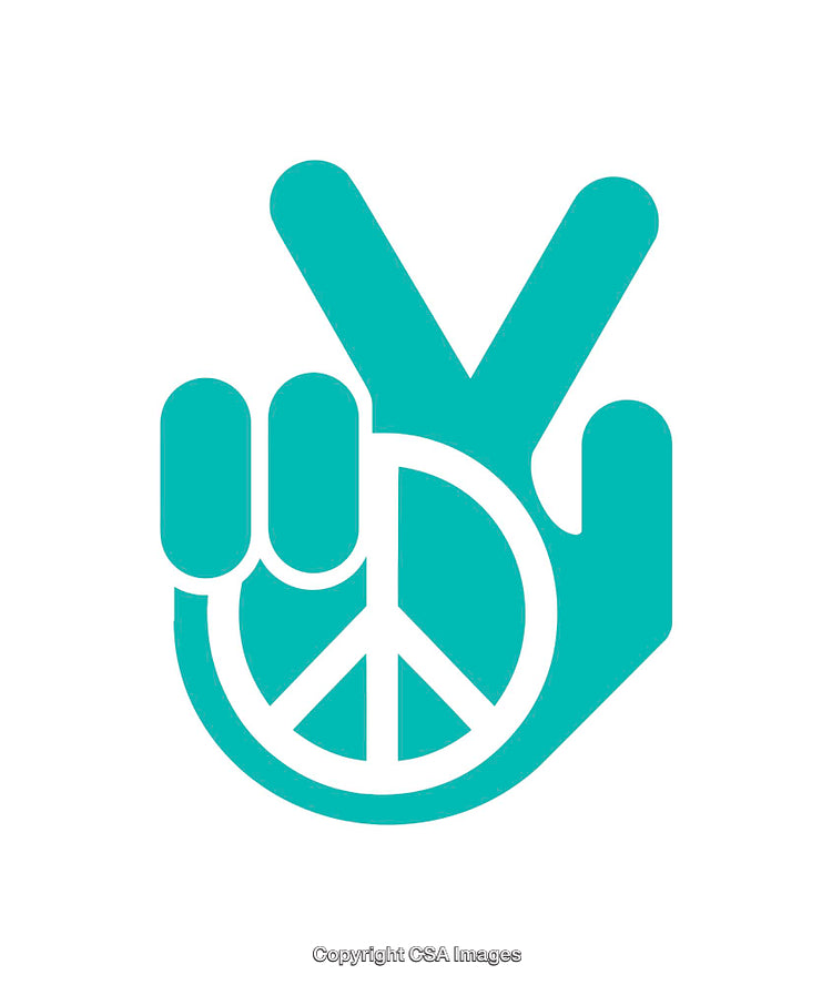 Icon Depicting Teal Hand Gesture with Peace Symbol Overlay