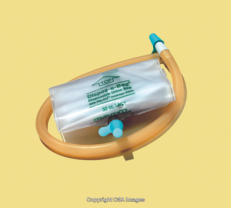 Medical Urinary Drainage Bag with Tube on Yellow Background