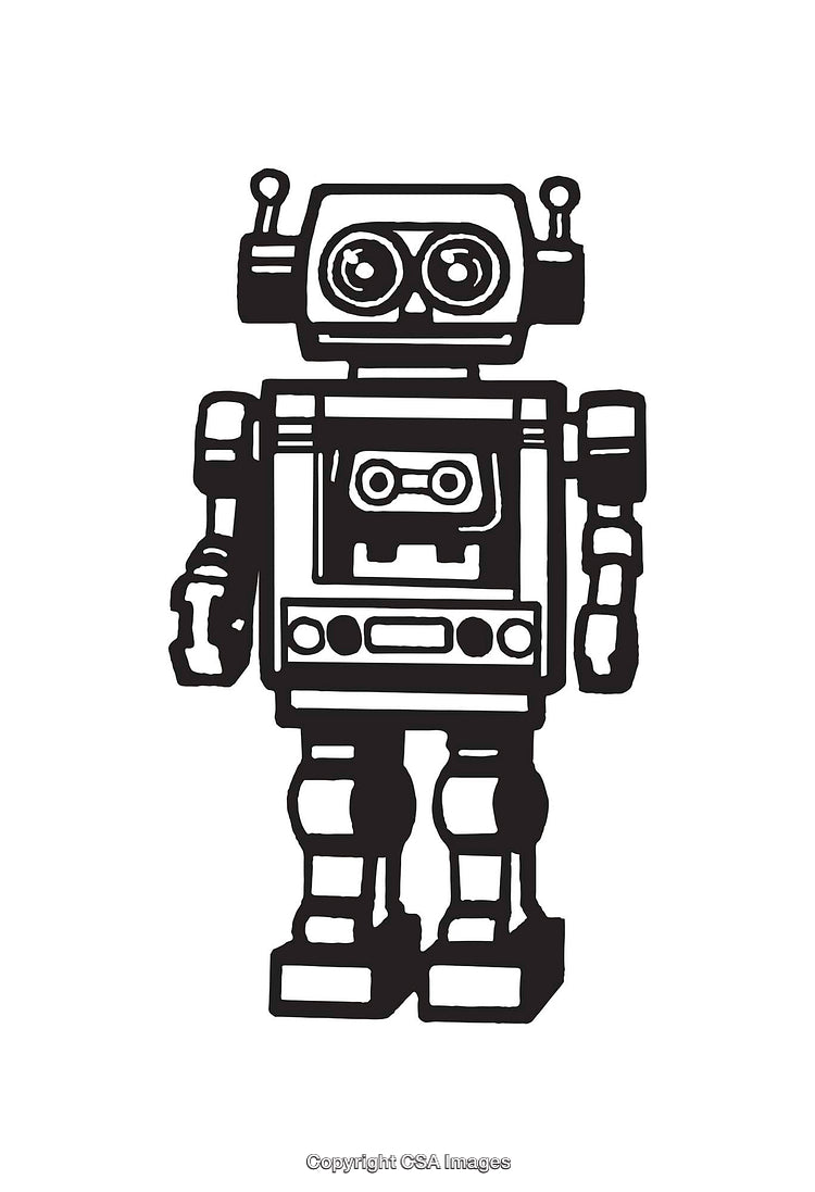Retro Black and White Line Art Robot Illustration Depicting Classic Style