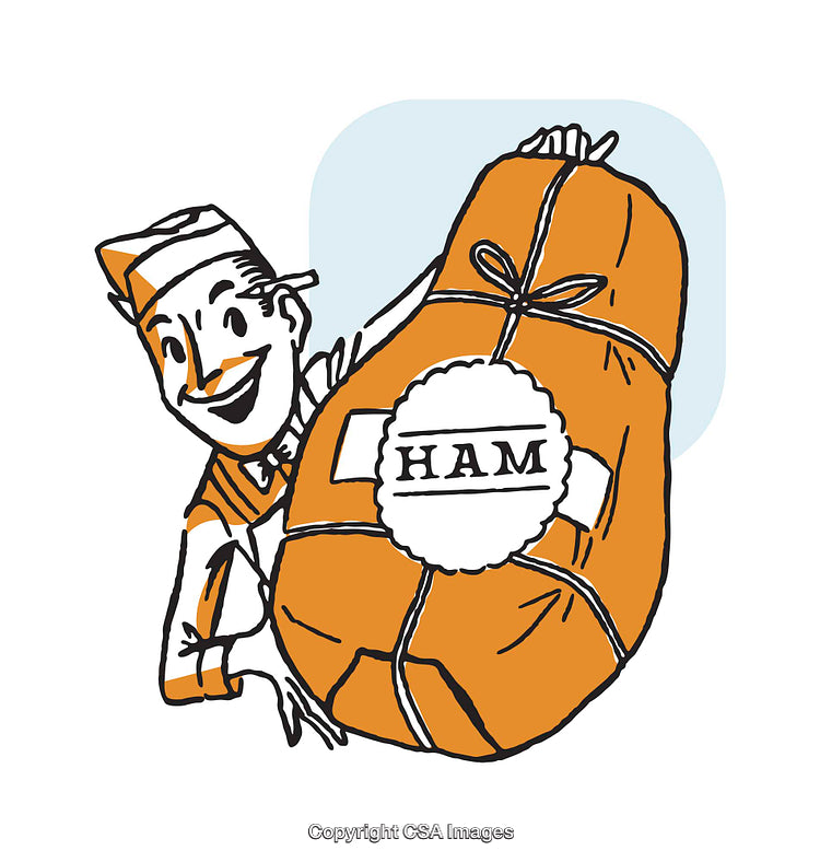 Hand-Drawn Illustration of a Cheerful Butcher Holding a Wrapped Ham
