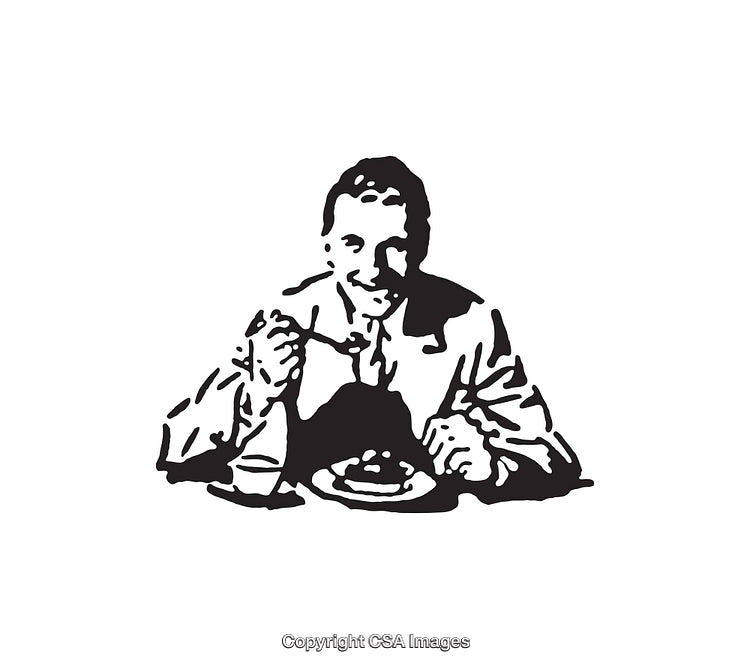Black and White Line Art of Man Enjoying a Meal at a Table