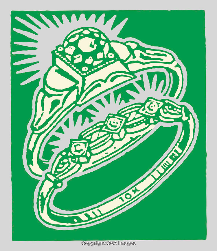 Intricate Line Art of Ornate Rings in Green and Cream Illustration