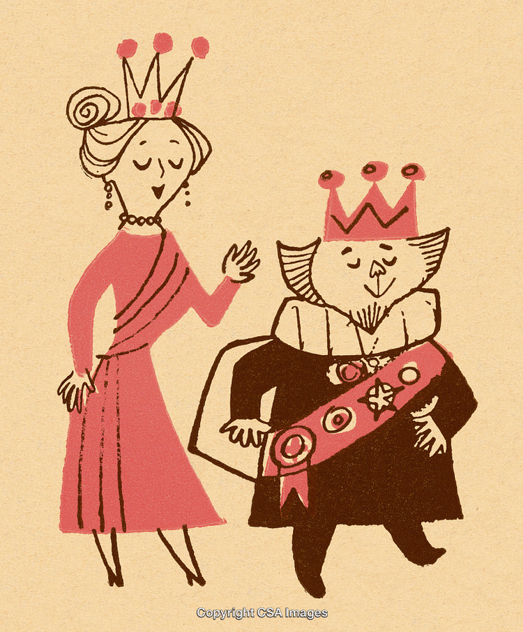Whimsical Illustration of a Charming King and Queen in Royal Attire