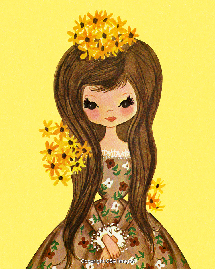 Illustration of a Young Girl Holding Flowers in a Nature-Inspired Setting