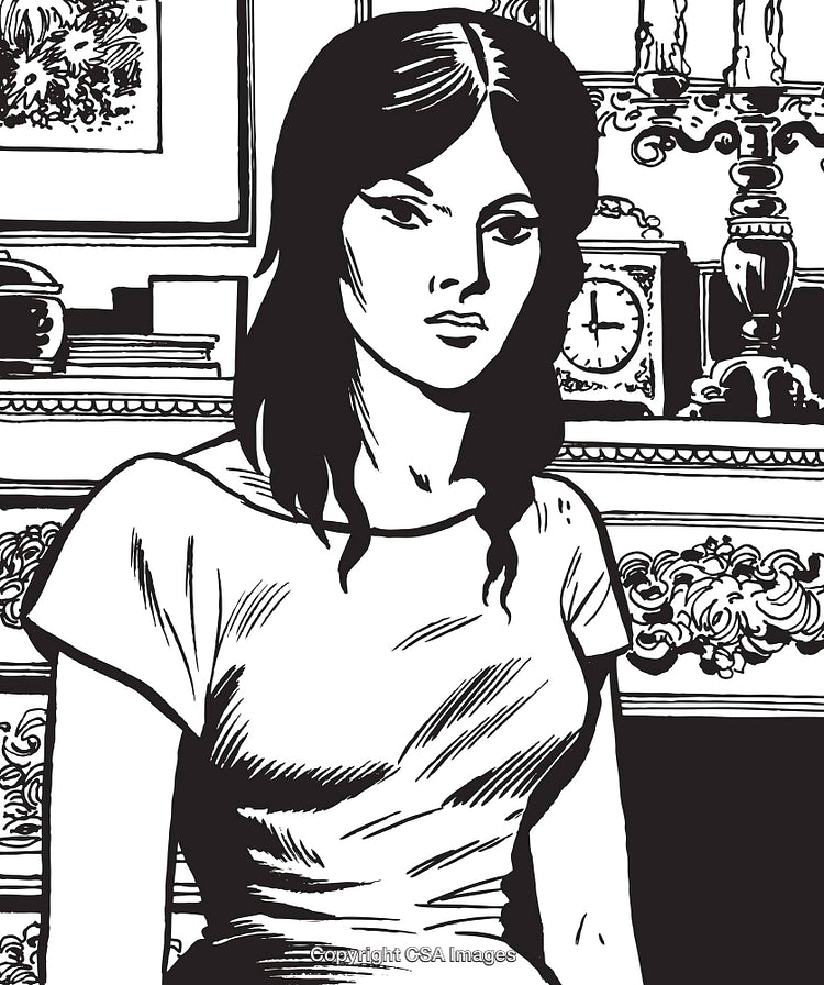 Vintage Black and White Drawing of a Woman in a Classic Room Setting