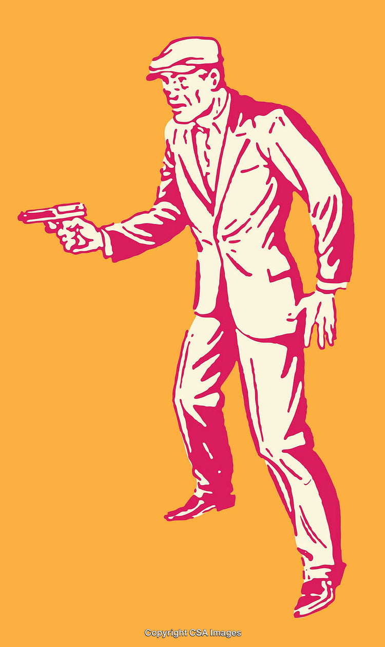 Retro Line Art of A Man in Suit Holding a Pistol
