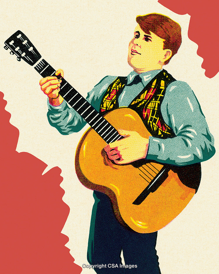 Illustration of a Man Playing Acoustic Guitar in a Vintage Artwork Style