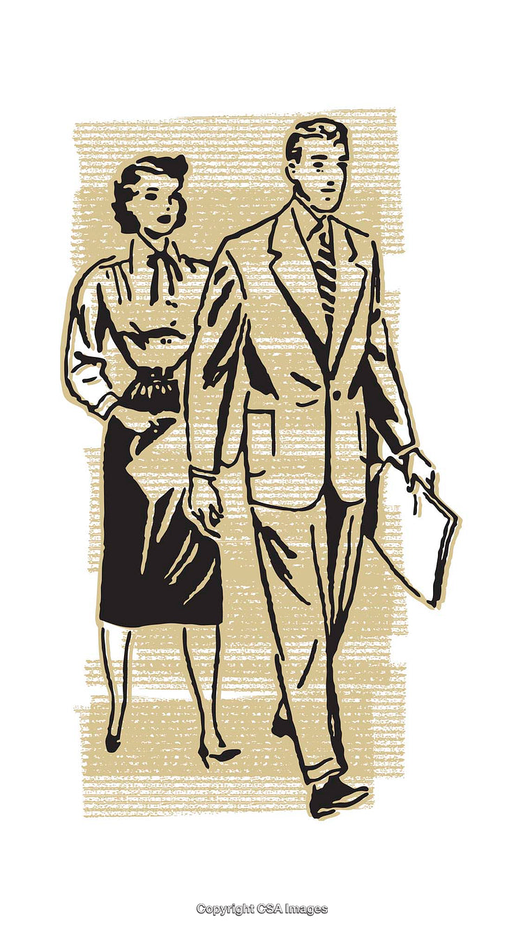 Vintage Business Illustration of a Professional Man and Woman Walking Forward