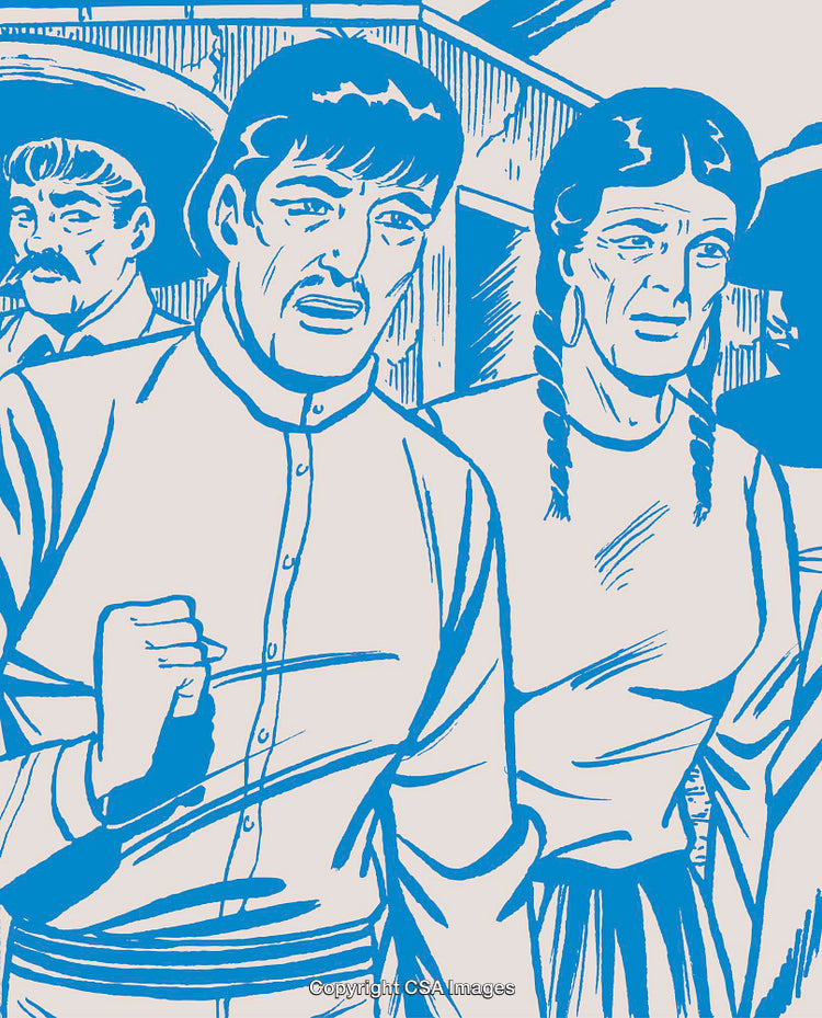 Illustration of Men and Woman in Traditional Setting in Blue Tones
