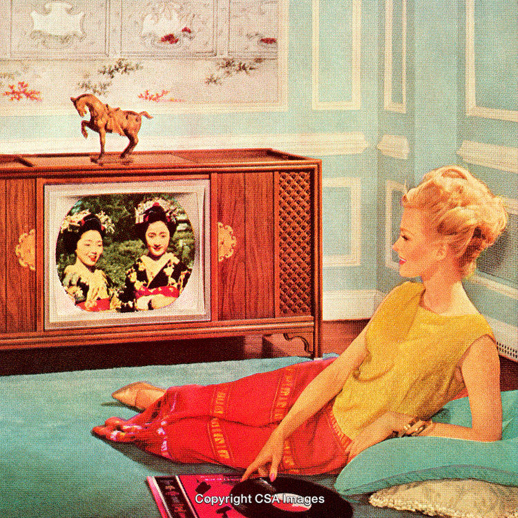 Retro Living Room Setting with Television and Elegant Woman Relaxing