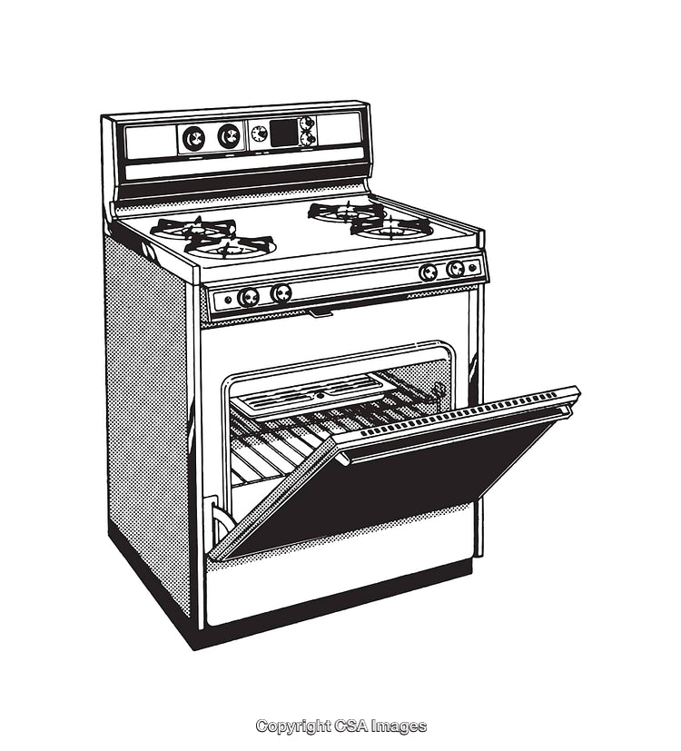 Vintage Black and White Line Art Illustration of a Classic Gas Stove