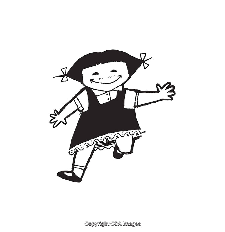 Illustration of a Cheerful Girl in Black and White Line Art