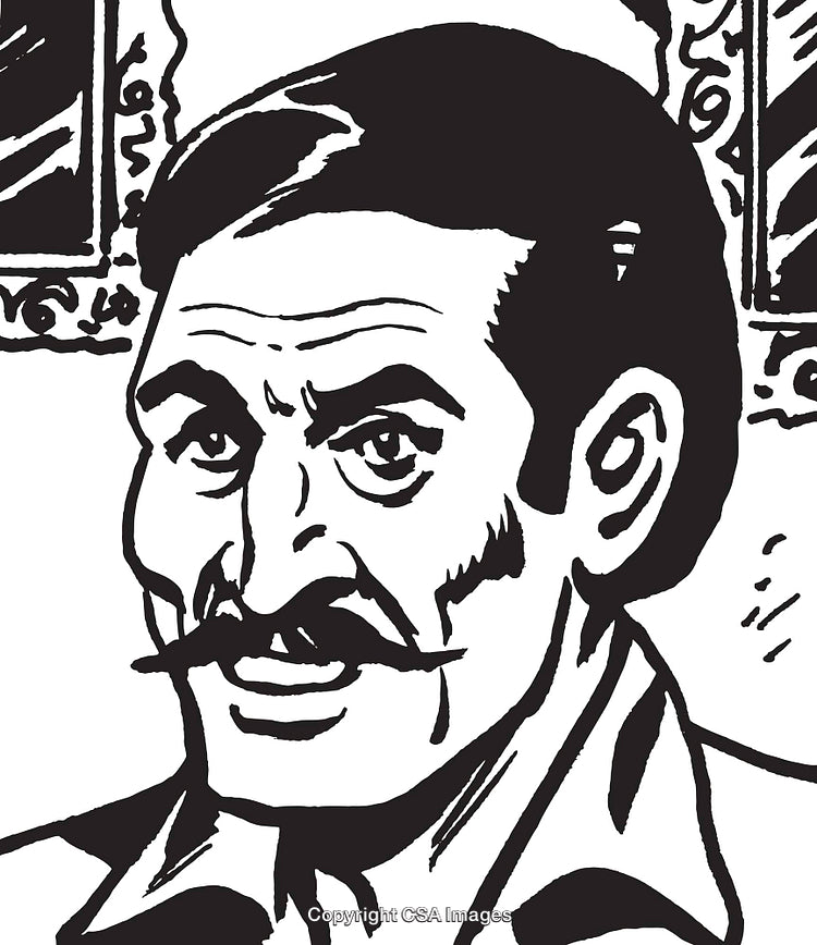 Black and White Illustration of a Smiling Mustachioed Man