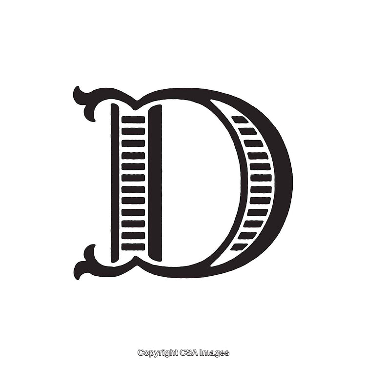 Ornate Letter D with Decorative Linework in Black on White Background