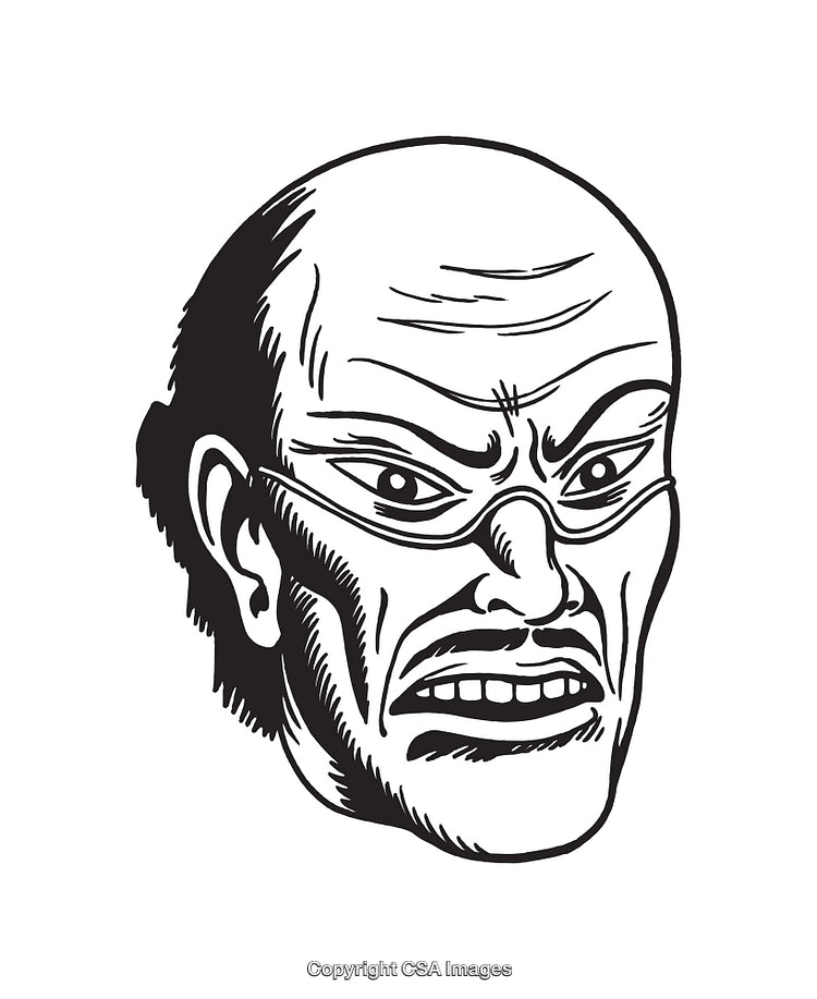 Black and White Illustration of an Aggressive Bald Man's Face