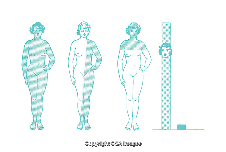 Illustration of Female Figures and Comparative Facial Expression Chart
