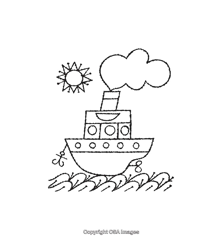 Detailed Line Art of Ship In Ocean With Sun and Waves