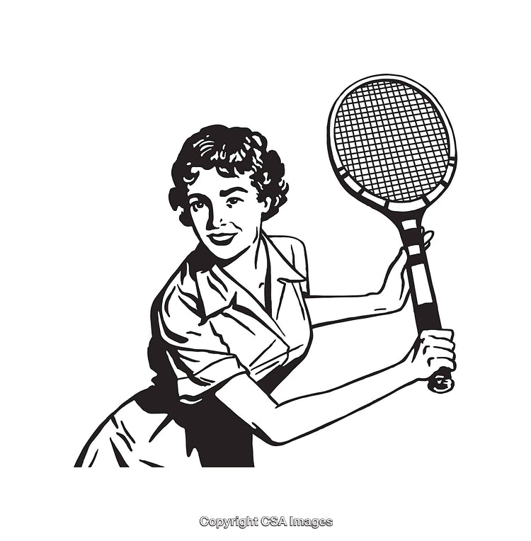 Retro Black and White Illustration of a Woman Playing Tennis