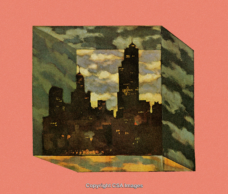 Modern City Silhouette Within Creative Surreal Composition on Colorful Background